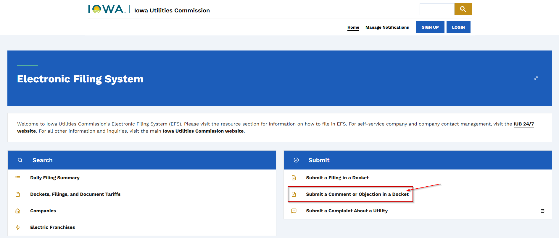 Submit a Comment or Objection option