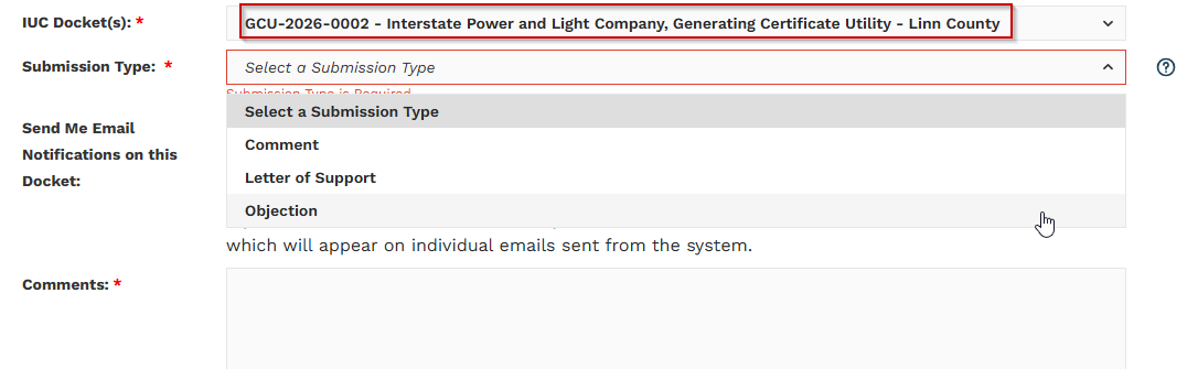 Docket number selection